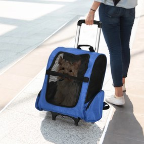 PawHut Rucsac 2-în-1 pentru Câini și Pisici cu Buzunare Laterale, Mâner Telescopic și Roti, 42x25x55 cm, Albastru | Aosom Romania