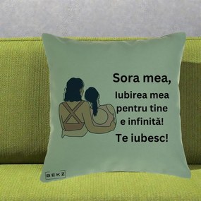 Cadou pentru Sora - Perna Personalizata Sora Mea Te Iubesc Doua Fete Fashioniste Line Art, 40x40 cm, Verde, Husa Detasabila, Perna Inclusa, BEKZ®