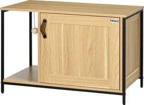 PawHut Casă Toaletă pentru Pisici, cu ușă de intrare laterală și minge suspendată, Oțel Negru și Lemn, 80 x 48 x 55 cm | Aosom Romania