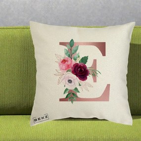 Cadou Personalizat - Perna Personalizata Monograma Rose Gold Litera E, 40x40 cm, Ecru, Husa Detasabila, Perna Inclusa, BEKZ®