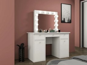 Masuta machiaj cu Oglinda LED si 3 Sertare pentru Cosmetice, Set Masa toaleta 120 cm, Alb, masuta cosmetica, vanity - SEA537
