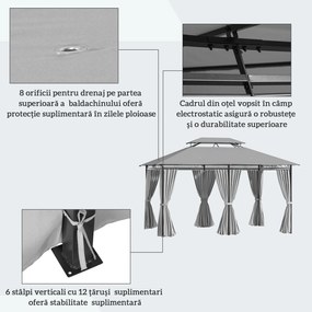 Outsunny Gazebo 4x3 m cu 6 Perdele și Acoperiș cu 2 Niveluri, din Oțel și Poliester, Gri Închis | Aosom Romania