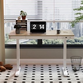 Birou Electric Reglabil pe Înălțime cu Sertar Ascuns, Încărcare Wireless & USB, Senzor de siguranță, 140x60, Stejar deschis/Alb