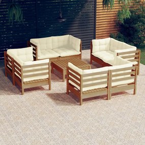 Set mobilier gradina cu perne crem, 9 piese, lemn de pin maro miere, 1