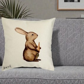 Perna Decorativa Iepuras Acuarela cu Morcov, 40x40 cm, Ecru, Husa Detasabila, Perna Inclusa, BEKZ®