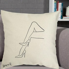 Perna Decorativa Picioare cu Tocuri Line Art, 40x40 cm, Ecru, Husa Detasabila, Perna Inclusa, BEKZ®