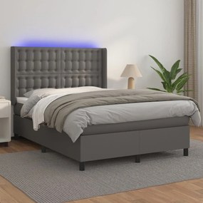 3139389 vidaXL Pat cu arcuri, saltea și LED, gri, 140x200 cm, piele eco