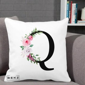 Cadou Personalizat - Perna Personalizata Monograma Florala Litera Q, 40x40 cm, Alba Mata, Husa Detasabila, Perna Inclusa, BEKZ®