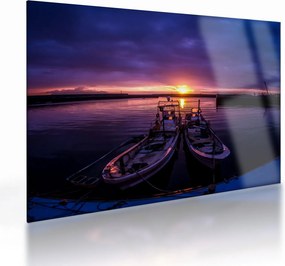 Tablou pe sticlă cu barci pescărești în port (70x50 cm)