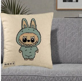 Perna Personalizata Labubu Albastru-Gri Solo, 40x40 cm, Bej, Husa Detasabila, Perna Inclusa, BEKZ®