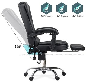 Scaun de birou cu masaj în 7 puncte din piele ecologică cu suport pentru picioare OFF 418M negru