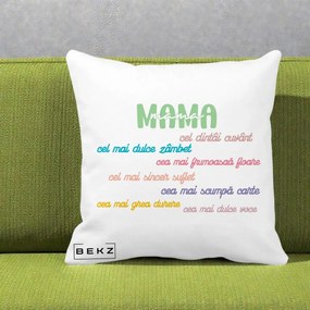 Cadou pentru Mama - Perna Personalizata Mama Cel Dintai Cuvant cu Text Colorat Multicolor, 40x40 cm, Alba Mata, Husa Detasabila, Perna Inclusa, BEKZ®