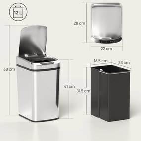 HOMCOM Coș Gunoi 12L cu Senzor Infraroșu, Buton Touch și Găleată Detașabilă, Coș de Gunoi din Oțel Inoxidabil, ABS și PP, 28x22x41 cm, Argintiu | Aosom Romania