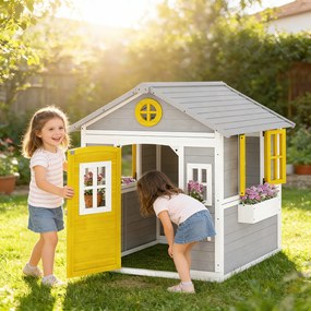 Outsunny Căsuță pentru Copii din Lemn, Exterior și Interior, cu Ușă, Ferestre, Jardiniere și Suporturi pentru Flori, Gri | Aosom Romania