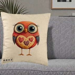 Perna Decorativa Bufnita Rosie cu Inimi Aurii, 40x40 cm, Bej, Husa Detasabila, Perna Inclusa, BEKZ®
