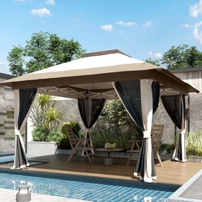 Outsunny Pavilion pliant 3,6x3,6 m cu pereți laterali din plasă UPF50+, înălțime reglabilă, geantă cu roți și saci cu nisip, bej | Aosom Romania
