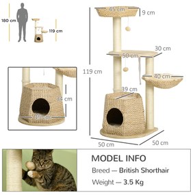 PawHut Copac de pisici cu elemente de escaladare si zgariat inaltime 119 cm coloane consolidate cu cutie hamac 2 bile suspendate | Aosom Romania