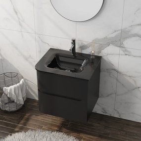 Set dulap baza suspendat Rune Jorunn 2 sertare 60 cm negru mat si lavoar negru