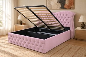 Pat tapițat Chesterfield Avella 160×200 cm, roz, cu ladă de depozitare