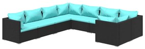 Set mobilier de gradina cu perne, 8 piese, negru, poliratan Negru si albastru, 4x colt + 4x mijloc, 1
