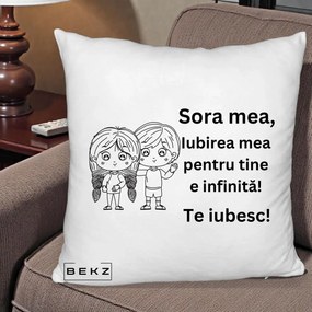 Cadou pentru Sora - Perna Personalizata Sora Mea Te Iubesc Copii Anime Line Art, 40x40 cm, Alb Pufos, Husa Detasabila, Perna Inclusa, BEKZ®