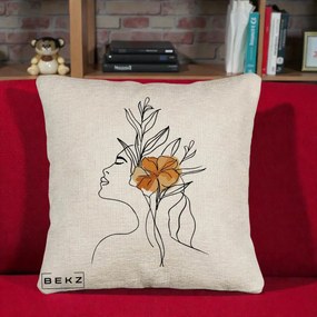 Perna Decorativa Portret Feminin Floare Portocalie Lateral, 40x40 cm, Bej Canapea, Husa Detasabila, Perna Inclusa, BEKZ®