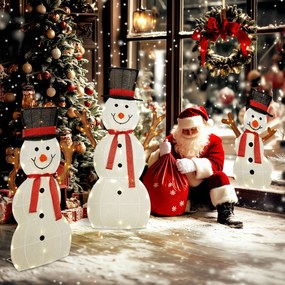 Outsunny Familie de omuleți de zăpadă în 3 piese, decorațiune exterioară, lumini LED, țăruși, rezistent la apă, oțel, poliester, alb | Aosom Romania