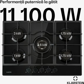Klarstein Ignito, plită pe gaz, 5 arzătoare, arzător Sabaf, sticlă ceramică, negru