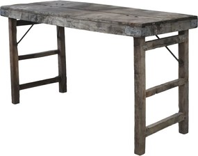 Masă consolă în stil farmhouse, din lemn reciclat, natur, cu picioare pliabile și colțare metalice, 67 x 120 x 60 cm, „Grimaud”