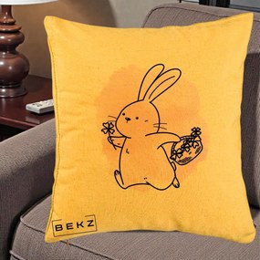 Perna Decorativa Iepuras Kawaii cu Cosulet Floral, 40x40 cm, Galben, Husa Detasabila, Perna Inclusa, BEKZ®