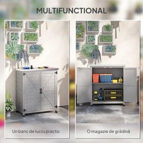 Outsunny - Dulap de Depozitare pentru Exterior, Cutie de Depozitare din Lemn cu Blat Metalic și Rafturi, Banc de Lucru pentru Grădină cu Uși Duble, Gri | Aosom Romania