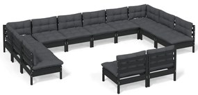 3097227 vidaXL Set mobilier grădină cu perne, 12 piese, negru, lemn masiv pin