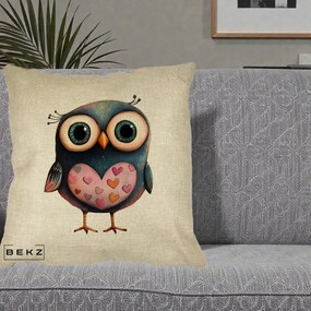 Perna Decorativa Bufnita cu Inimioare Roz, 40x40 cm, Crem, Husa Detasabila, Perna Inclusa, BEKZ®