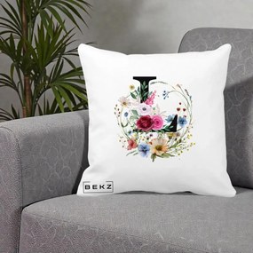 Cadou Personalizat - Perna Personalizata Monogram Litera L cu Flori Acuarela, 40x40 cm, Alba Mata, Husa Detasabila, Perna Inclusa, BEKZ®