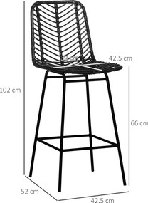HOMCOM Set de 2 taburete de bar design boem înălțime 66 cm cu suport picioare metalic și ratan PE - negru | Aosom Romania