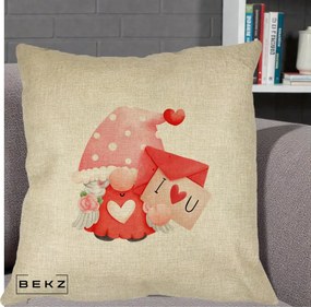 Cadou Romantic - Perna Personalizata I Love You Gnome Valentine cu Scrisoare, 40x40 cm, Crem, Husa Detasabila, Perna Inclusa, BEKZ®
