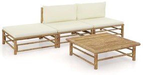 Set mobilier de gradina, 4 piese, perne alb crem, bambus Crem, 2x mijloc + suport pentru picioare + masa, 1
