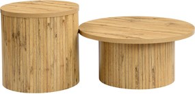 Set de 2 măsuțe de cafea rotunde, cu fronturi cu lamele verticale din lemn natural și colțuri rotunjite, 75x75x36 cm/50x50x50,5 cm, Culoare naturală