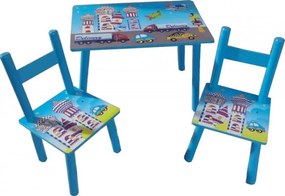 Masuta copii din MDF cu doua scaune Novokids™ My first table, Dimensiuni 59X39X40, Suprafata lucioasa, Model masinute, Albastru