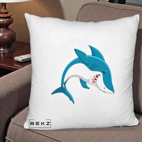Perna Decorativa Rechin Albastru Cartoon, 40x40 cm, Alb Pufos, Husa Detasabila, Perna Inclusa, BEKZ®