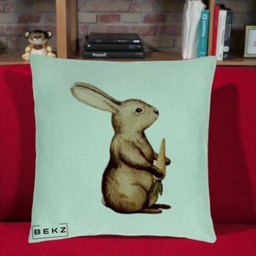 Perna Decorativa Iepuras Acuarela cu Morcov, 40x40 cm, Verde Menta, Husa Detasabila, Perna Inclusa, BEKZ®