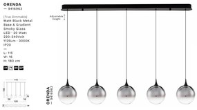 Lustra moderna cu 5 pendule LED, Metal, Sticla, Fumuriu, ORENDA