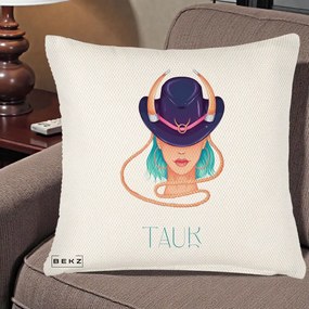 Perna Personalizata Zodie Taur, 40x40 cm, Crem Reliefat, Husa Detasabila, Perna Inclusa, BEKZ®