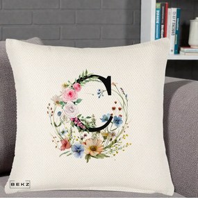 Cadou Personalizat - Perna Personalizata Monogram Litera C cu Flori Acuarela, 40x40 cm, Crem Reliefat, Husa Detasabila, Perna Inclusa, BEKZ®