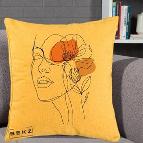 Perna Decorativa Portret Feminin Mac Profilat, 40x40 cm, Galben, Husa Detasabila, Perna Inclusa, BEKZ®