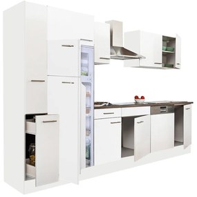 Mobilă de bucătărie Yorki 310, corp alb, față alb satinat, frigider cu congelator superior