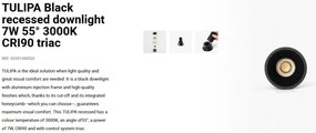 Spot LED incastrabil TULIPA Black recessed downlight 7W 55° 3000K CRI90 triac