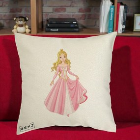 Perna Decorativa Printesa Aurora Rochie Roz, 40x40 cm, Ecru, Husa Detasabila, Perna Inclusa, BEKZ®