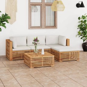 Set mobilier de gradina cu perne crem 5 piese lemn masiv de tec Crem, 2x colt + mijloc + 2x suport pentru picioare, 1