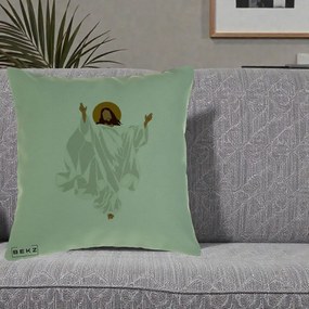 Perna Decorativa Iisus Hristos Invierea Silueta Minimalista, 40x40 cm, Verde, Husa Detasabila, Perna Inclusa, BEKZ®